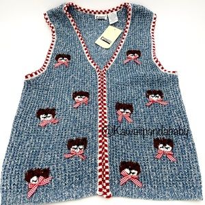 NWT Deadstock 1990s Blue Red Checker Hand Embroidered Teddy Bear Sweater Vest XL